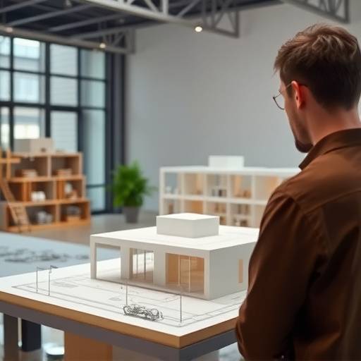 Architetto che osserva un modello di edificio all'interno di uno studio moderno