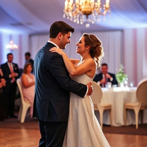 Coppia di sposi che ballano il loro primo ballo in una sala da ricevimento elegantemente illuminata