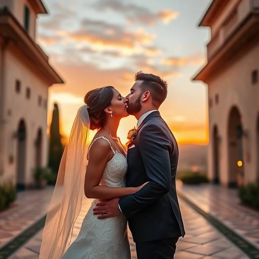 Coppia di sposi felici che si baciano al tramonto in una villa storica