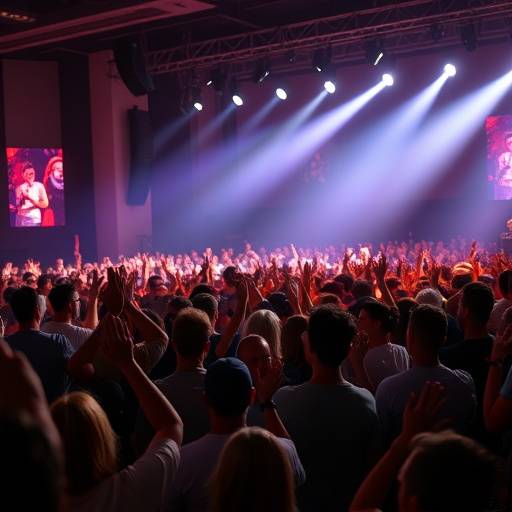 Fol a di persone che applaudono su un palco illuminato durante un concerto