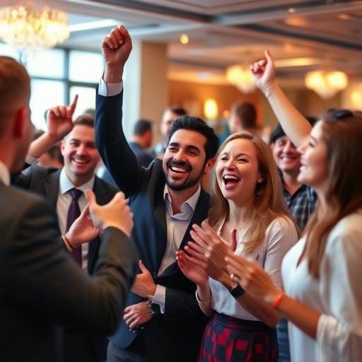 Gruppo di persone che festeggia durante un evento aziendale
