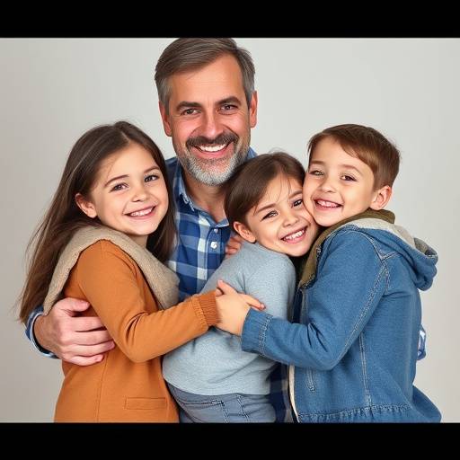 Ritratto di famiglia con genitori e due bambini che abbracciano sorridendo