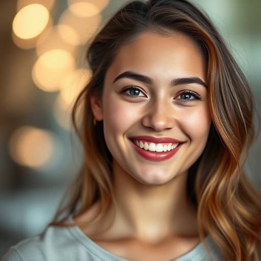 Ritratto di una giovane donna sorridente, con luce morbida e sfocatura dello sfondo