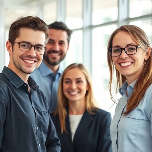 Team di professionisti sorridenti in un ufficio moderno