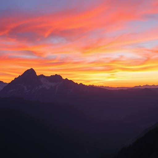 Vasta catena montuosa al tramonto con colori vivaci nel cielo